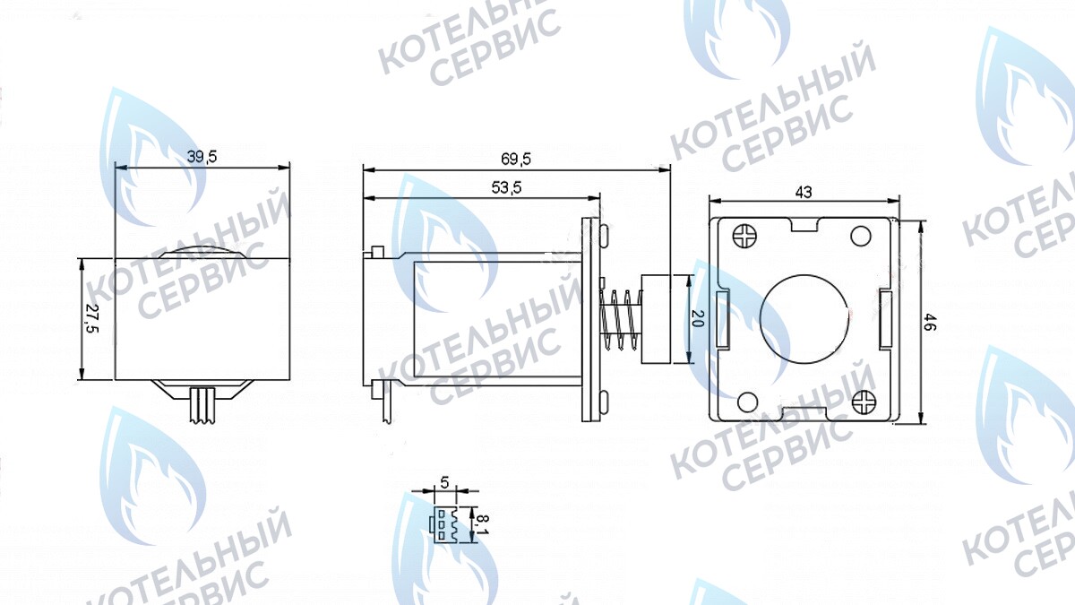 Соленоид водонагревателя H=69,5мм, резиновый диск Ø20мм)